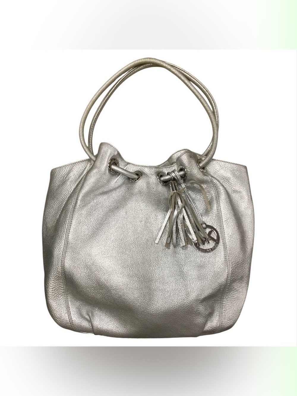 Michael Kors Metallic Silver Drawstring Tote with Tassel Charm